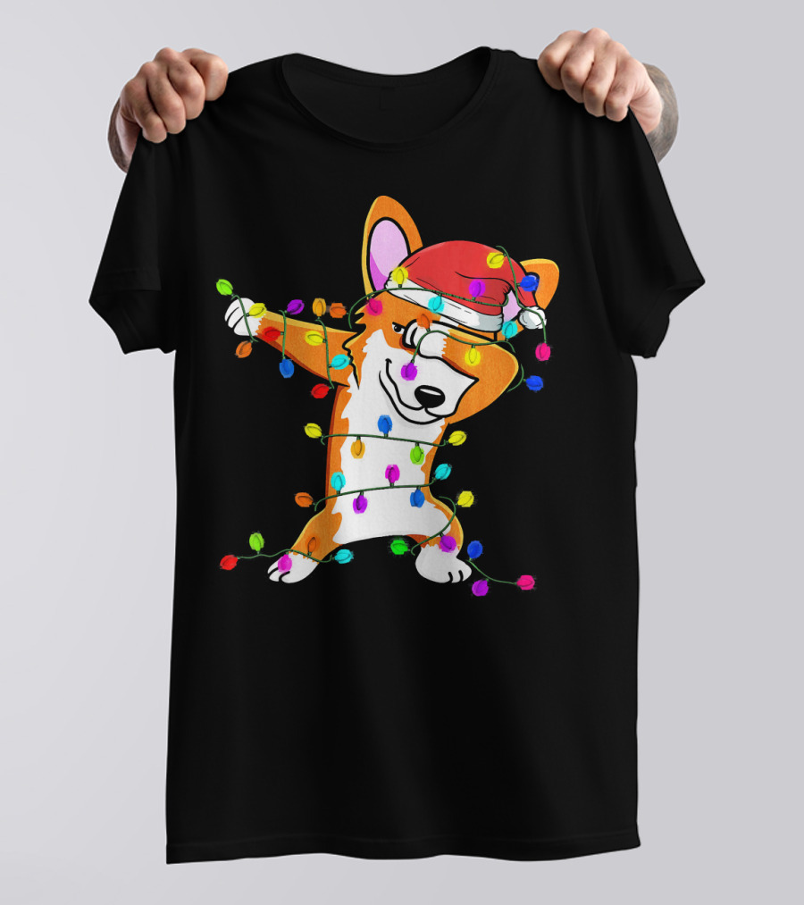 Dabbing Corgi Wrapped In Christmas Fairy Lights With Santa Hat T-Shirt