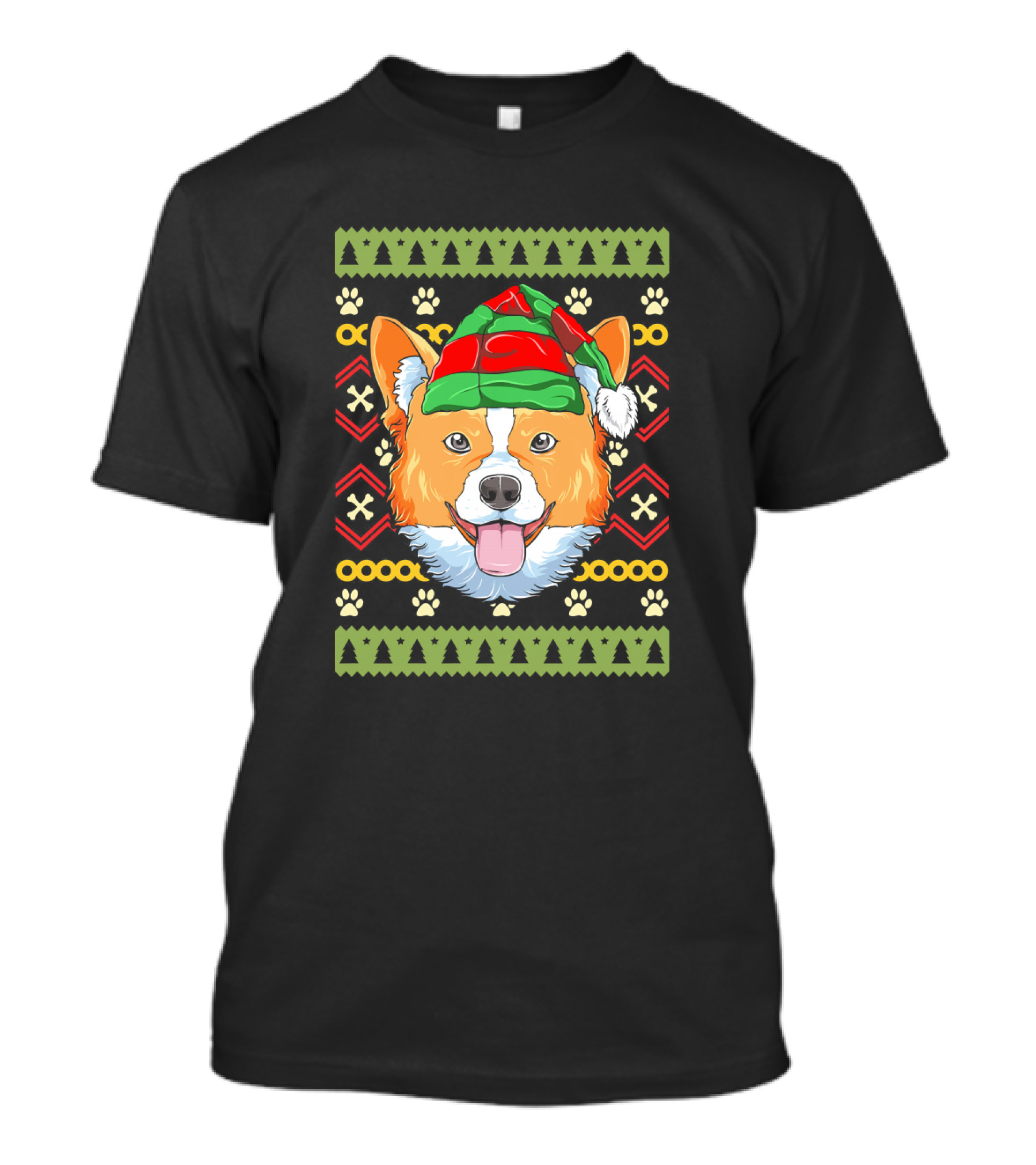 Corgi In Elf Hat With Christmas Patterns And Paw Prints T-Shirt