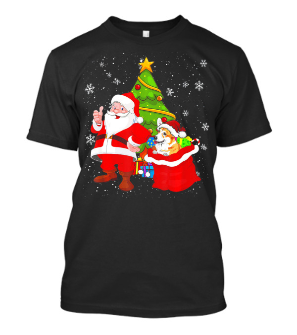 Christmas Santa Claus With Corgi And Gifts In Snowy Wonderland T-Shirt