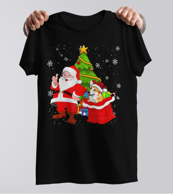 Christmas Santa Claus With Corgi And Gifts In Snowy Wonderland T-Shirt
