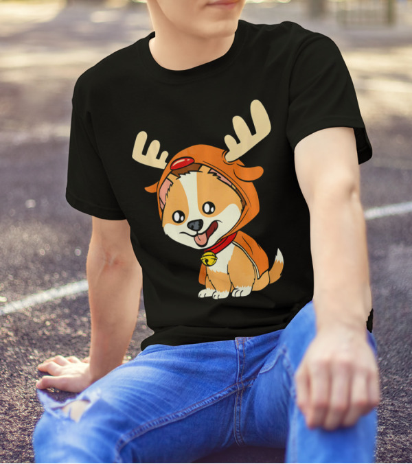 Corgi Puppy Dog Dressed As Reindeer With Antlers And Red Nose T-Shirt