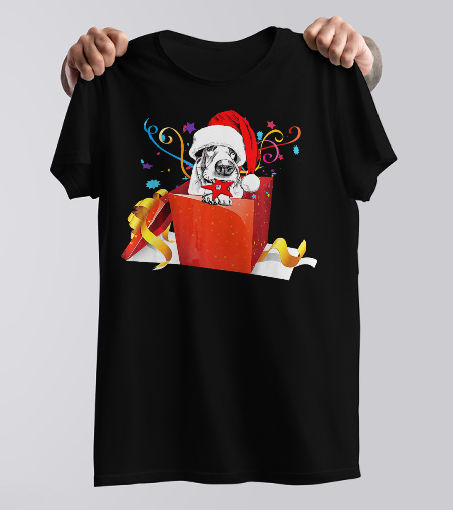 Basset Hound With Santa Hat In Festive Christmas Gift Box T-Shirt