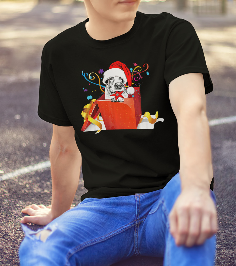 Basset Hound With Santa Hat In Festive Christmas Gift Box T-Shirt