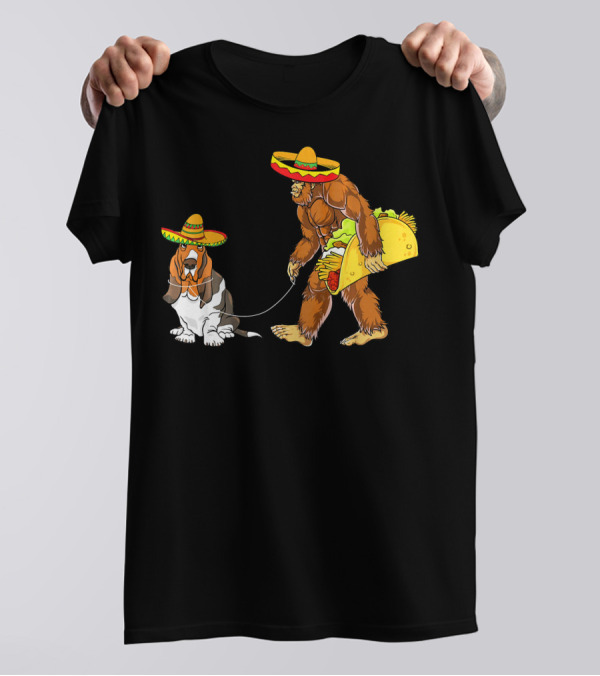 Cinco De Mayo Bigfoot Taco Walking Basset Hound With Sombreros T-Shirt