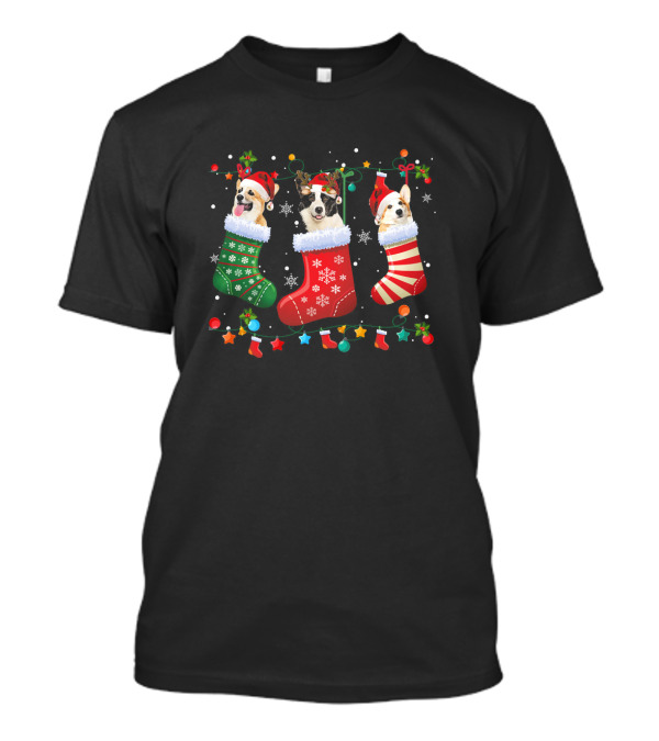 Corgi Dogs In Christmas Stockings With Santa Hats T-Shirt