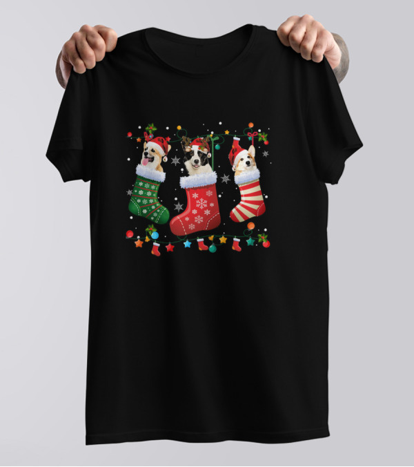 Corgi Dogs In Christmas Stockings With Santa Hats T-Shirt