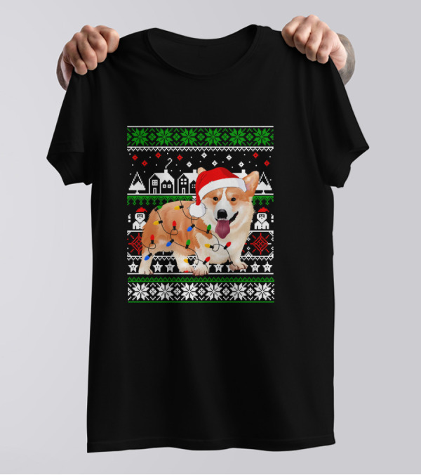 Corgi Christmas Lights Santa Hat Ugly T-Shirt