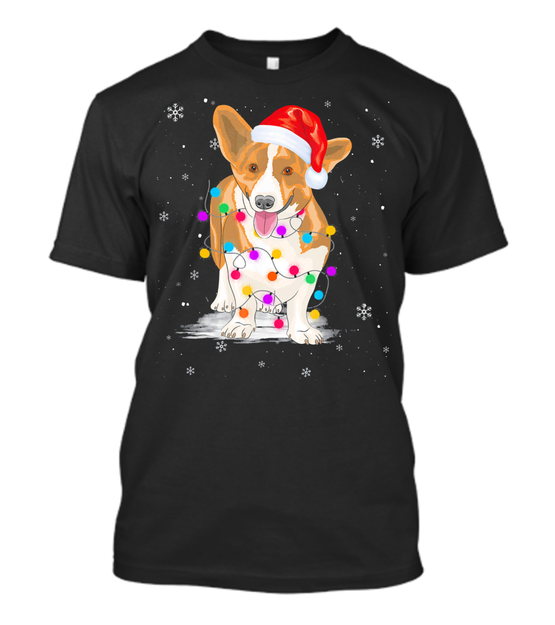 Corgi In LED Christmas Lights With Santa Hat And Snowflakes T-Shirt