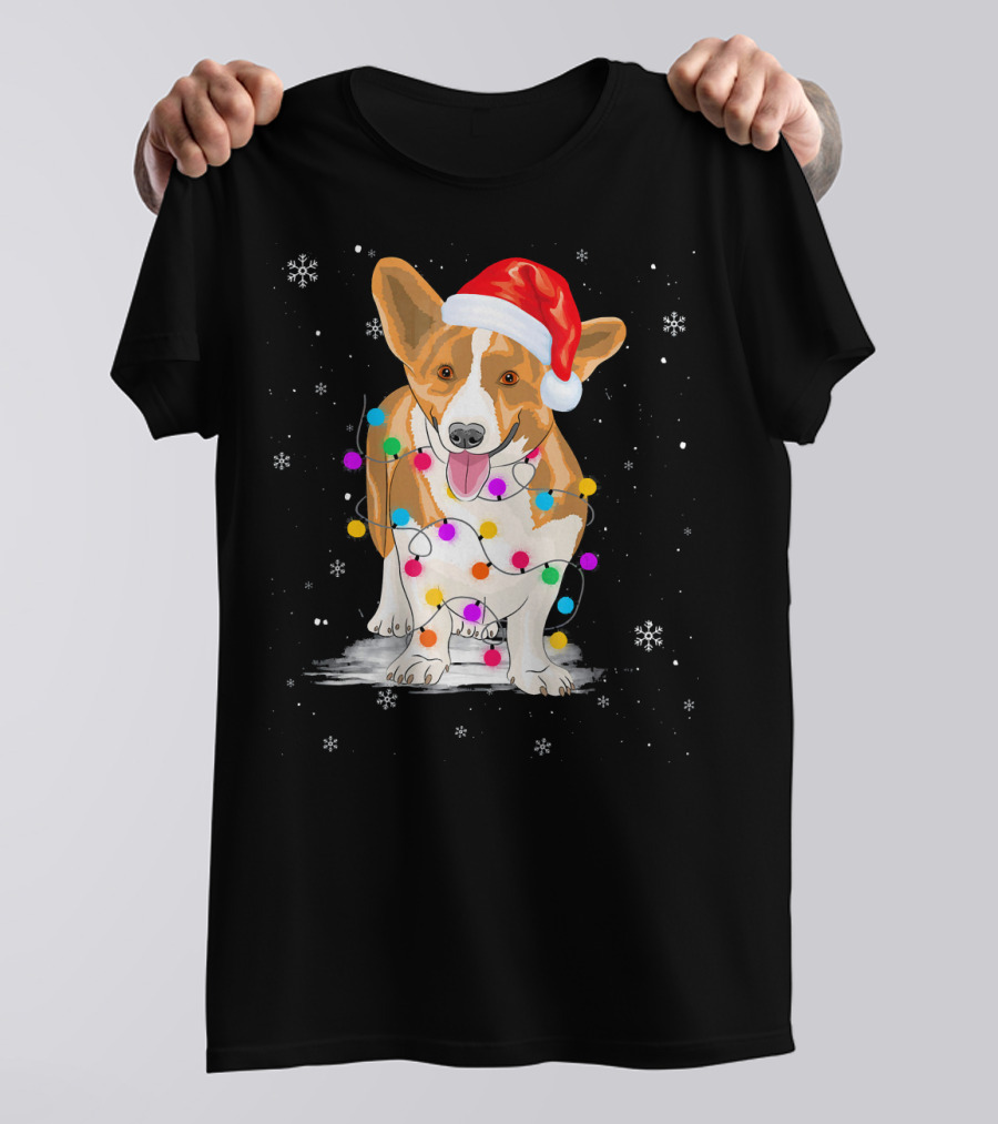 Corgi In LED Christmas Lights With Santa Hat And Snowflakes T-Shirt
