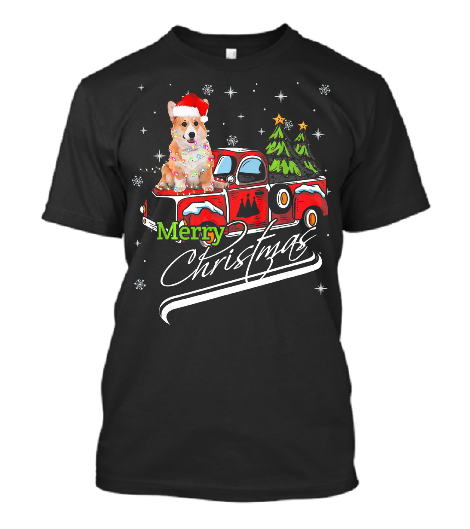 Merry Christmas Cute Corgi On Red Truck With Santa Hat And Christmas Trees T-Shirt