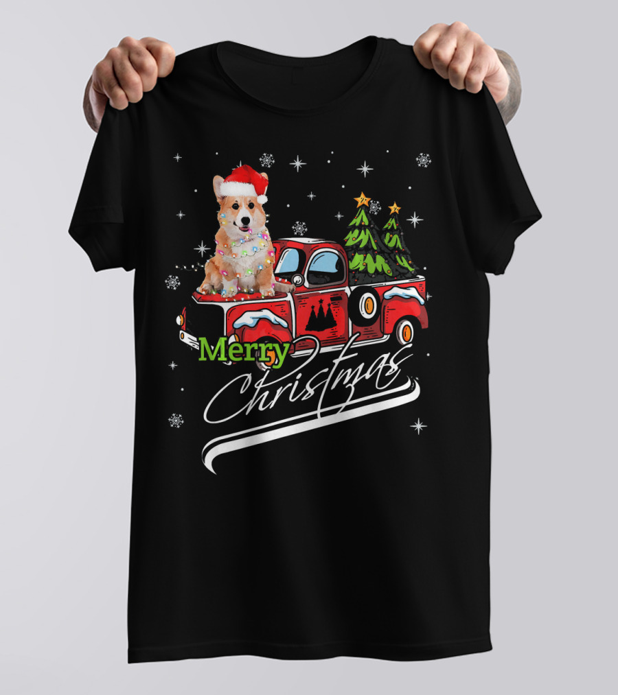 Merry Christmas Cute Corgi On Red Truck With Santa Hat And Christmas Trees T-Shirt