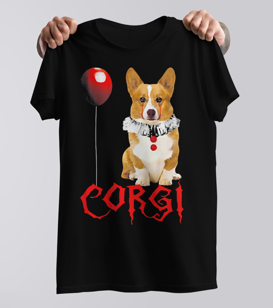 Corgi Clown With Red Balloon Halloween Horror Pennywise T-Shirt