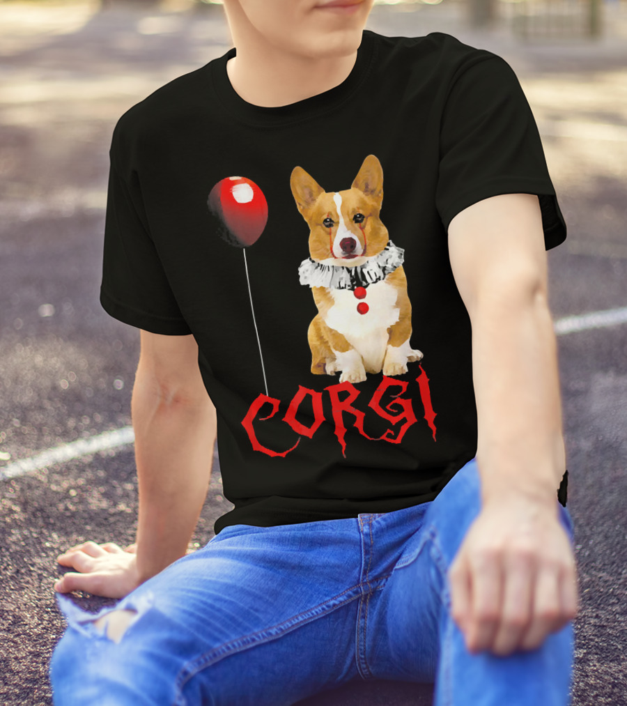 Corgi Clown With Red Balloon Halloween Horror Pennywise T-Shirt