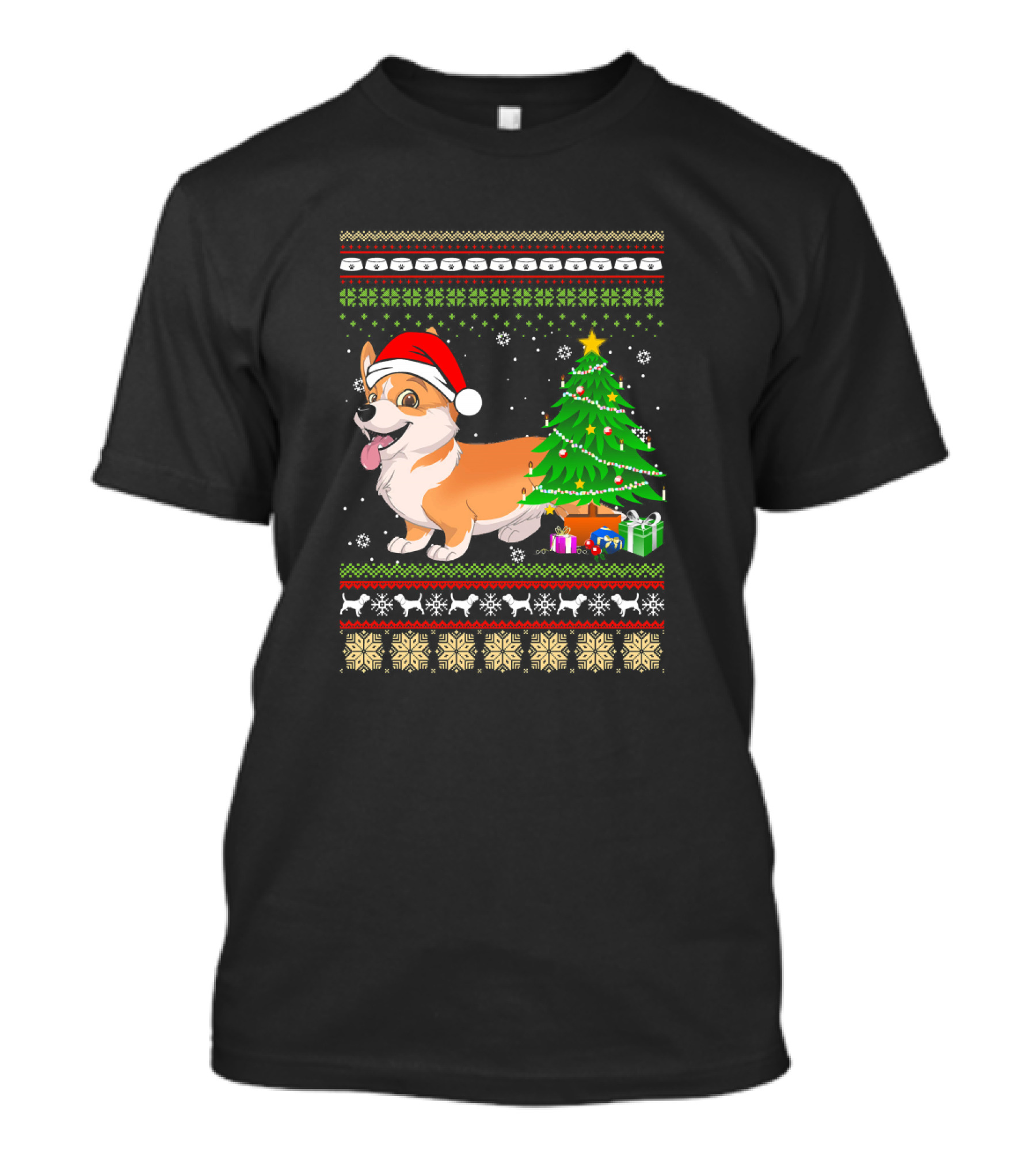 Corgi Santa Christmas Tree Snowflakes Festive T-Shirt