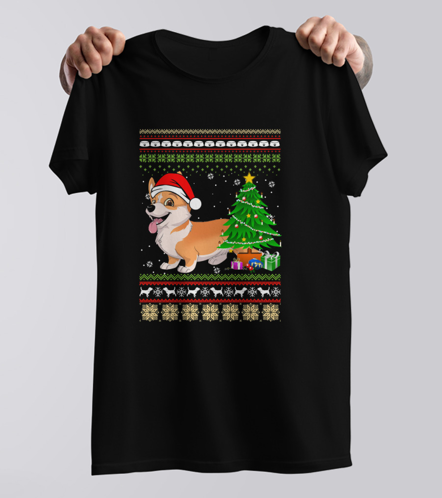 Corgi Santa Christmas Tree Snowflakes Festive T-Shirt