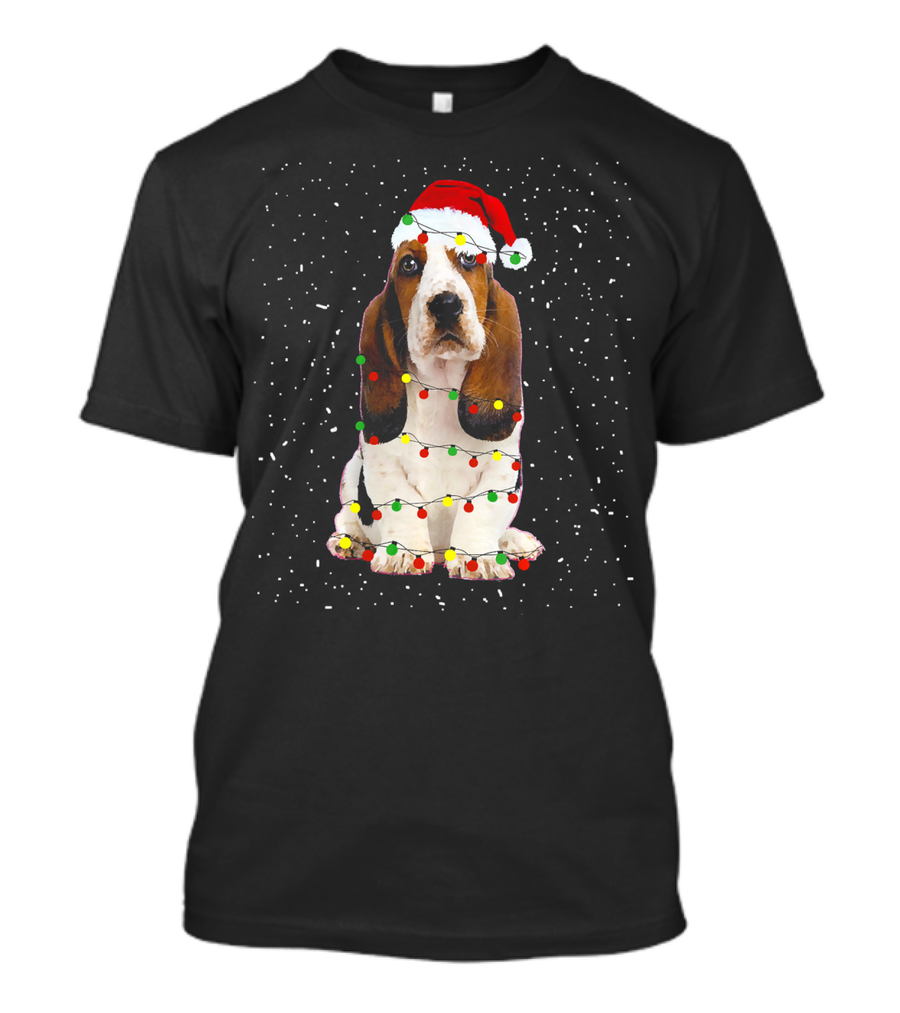 Basset Hound In Santa Hat With Christmas Lights And Snowflakes T-Shirt
