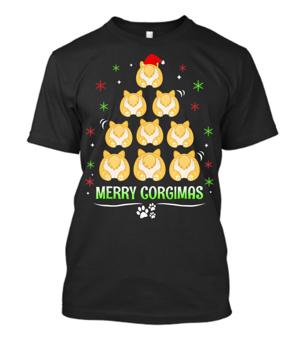 Merry Corgimas Christmas Tree With Santa Hat And Paw Prints T-Shirt