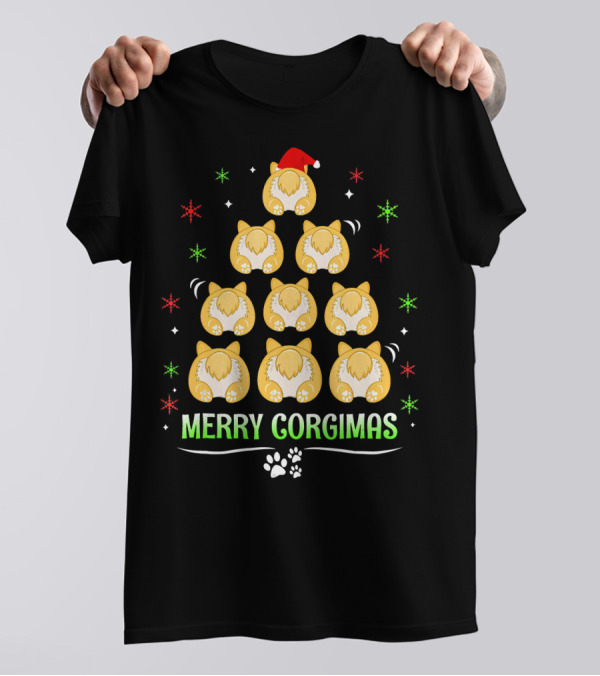 Merry Corgimas Christmas Tree With Santa Hat And Paw Prints T-Shirt