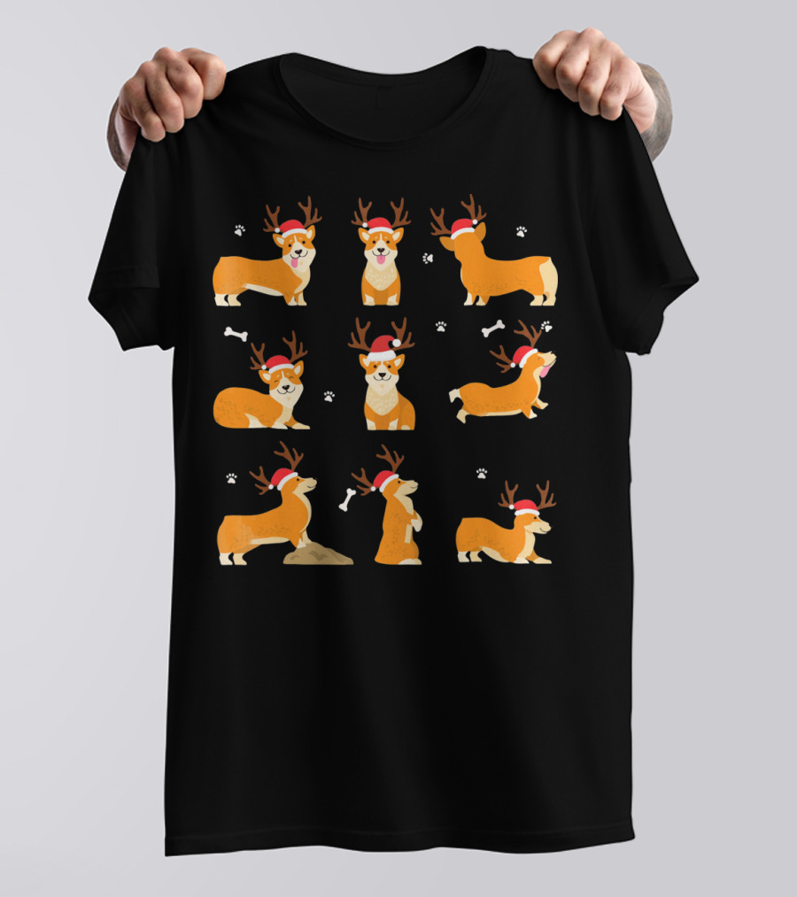 Corgi Christmas UglyNov Corgis With Antlers And Santa Hats T-Shirt