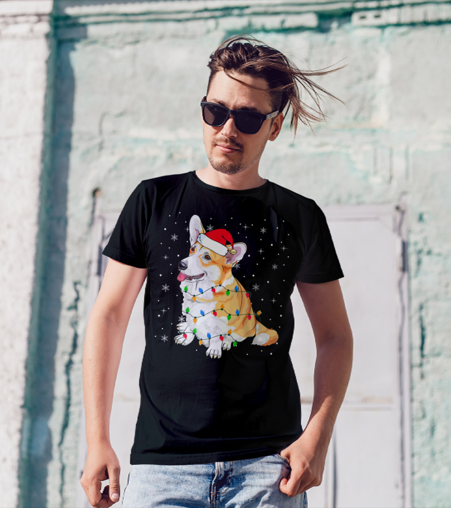 Corgi Dog Christmas Lights Pajama Santa Hat Snowflakes T-Shirt