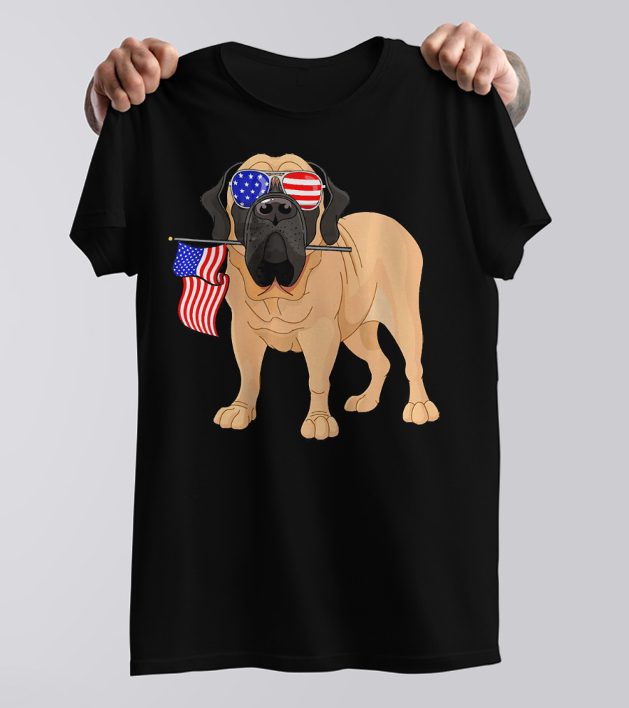 English Mastiff With American Flag And Patriotic Sunglasses For 4th Of July T-Shirt