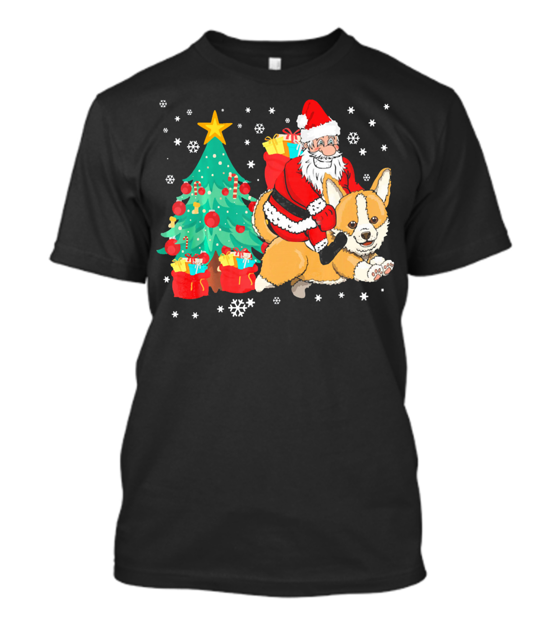 Santa Claus Riding Corgi Christmas Tree Presents T-Shirt