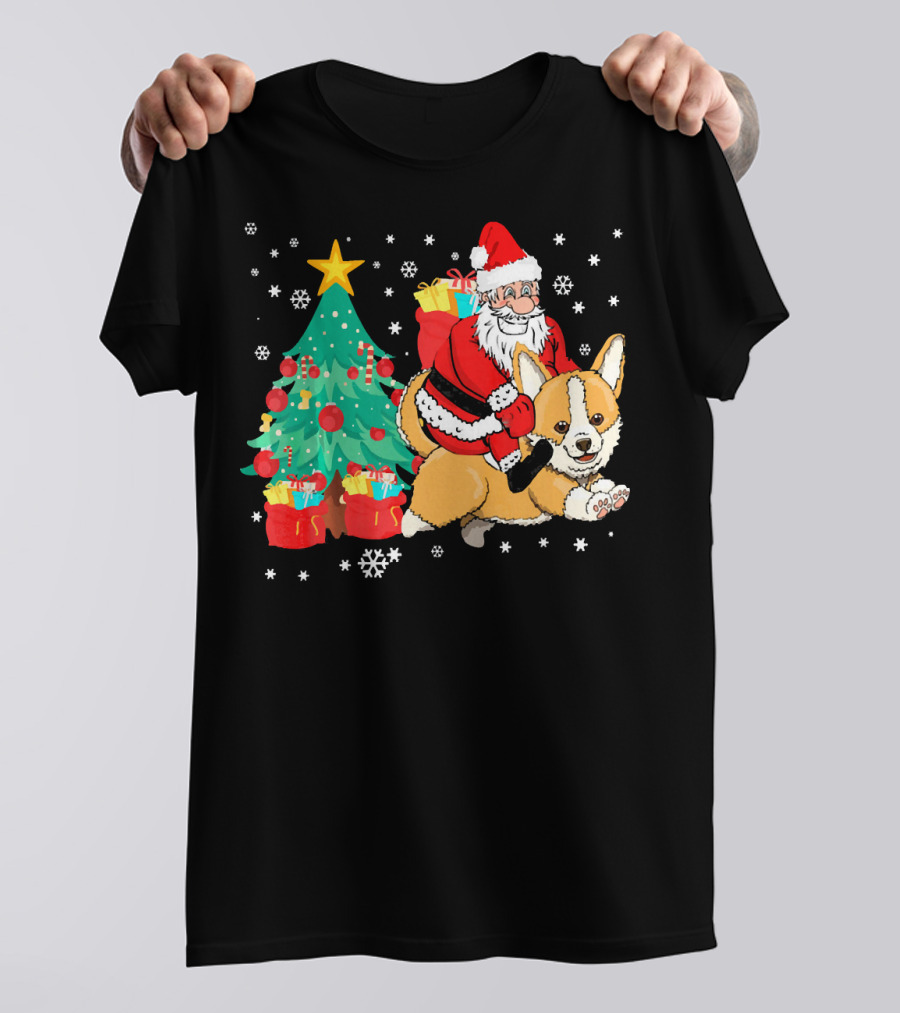 Santa Claus Riding Corgi Christmas Tree Presents T-Shirt