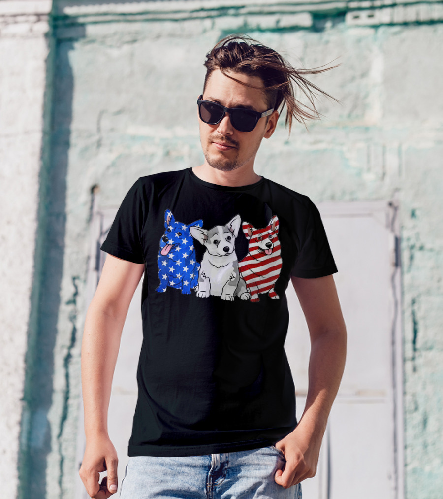 Corgi In American Flag Stars Stripes Independence T-Shirt