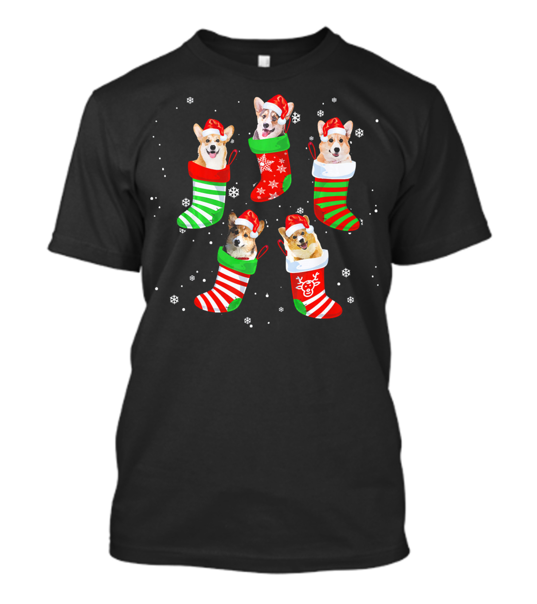 Christmas Corgi Dogs Santa Claus Stockings Snowflakes T-Shirt