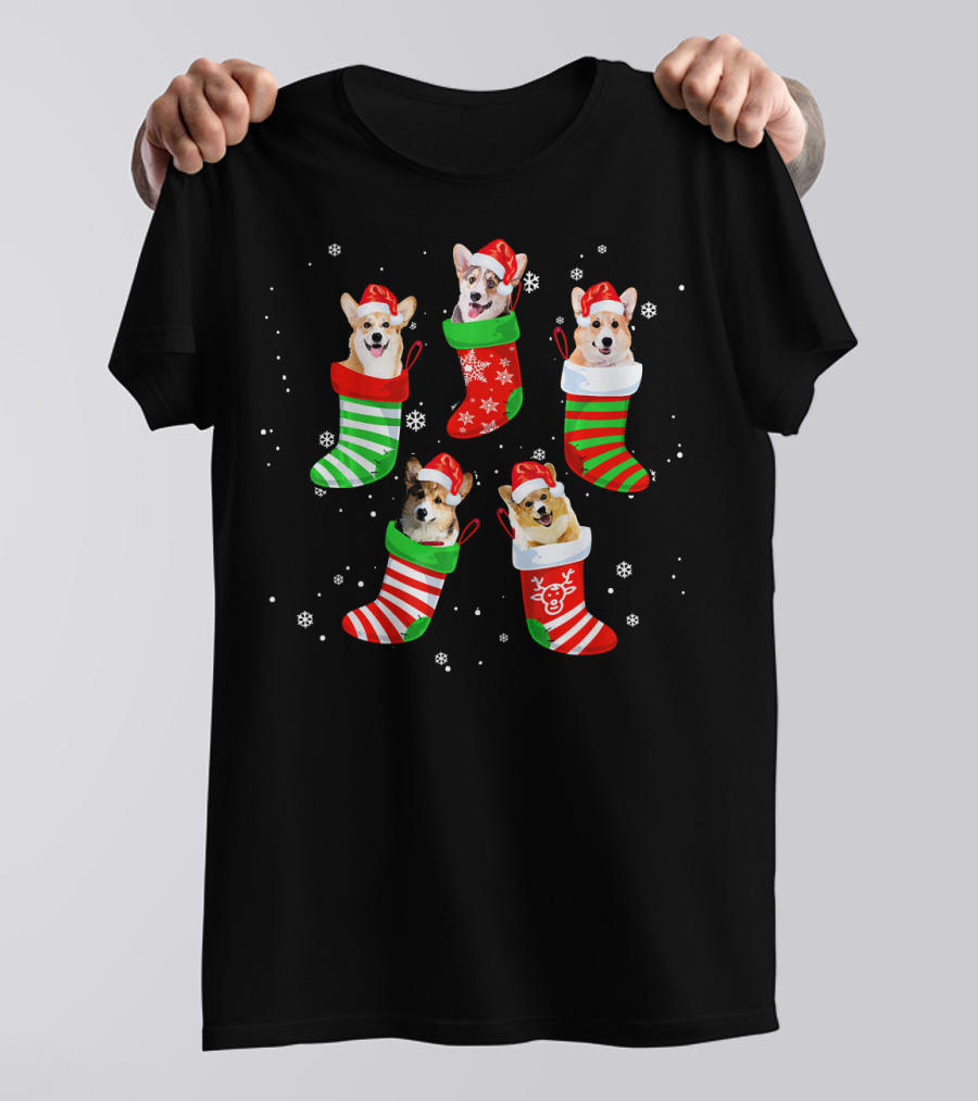 Christmas Corgi Dogs Santa Claus Stockings Snowflakes T-Shirt
