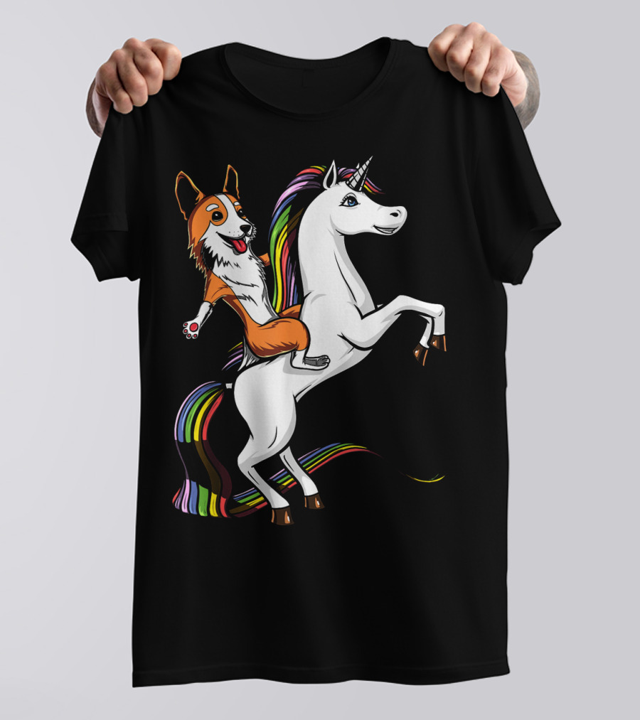 Corgi Dog Riding A Rainbow-Maned Unicorn T-Shirt