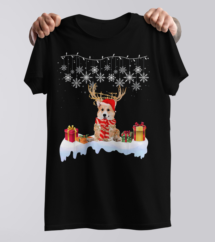 Cute Corgi Dog Christmas Decor With Presents And Snowflakes T-Shirt