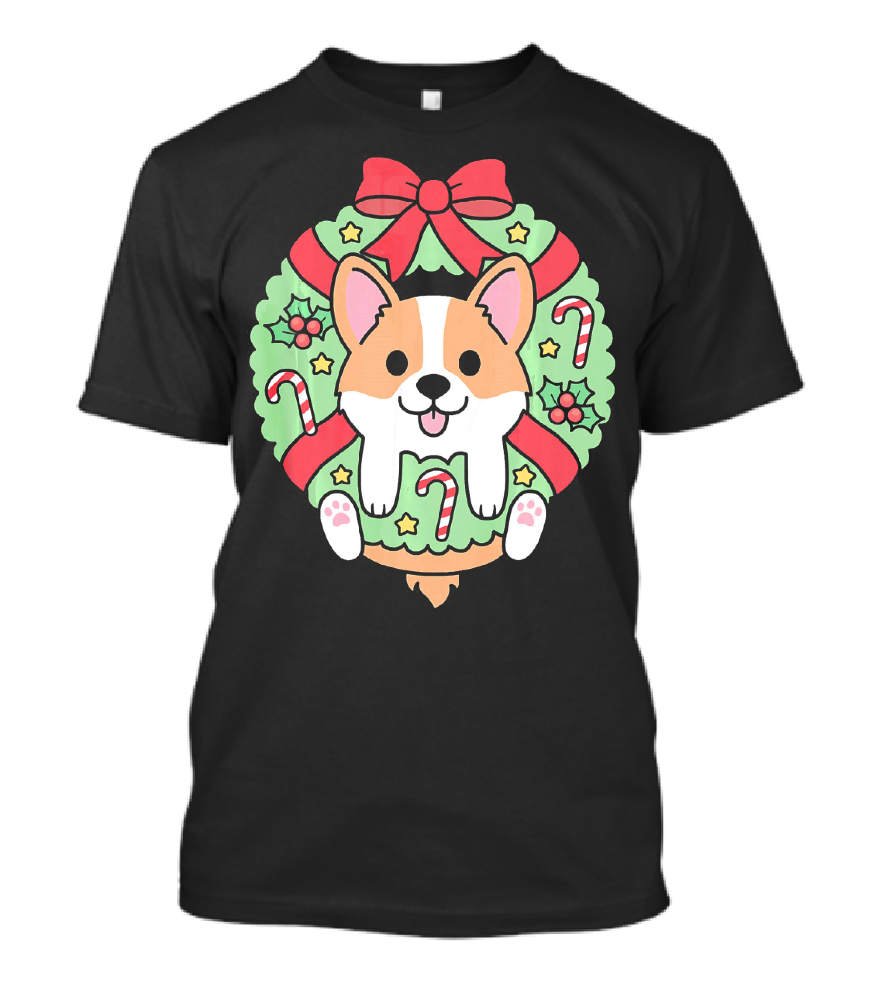 Cute Little Corgi In Christmas Wreath With Candy Canes And Bow T-Shirt