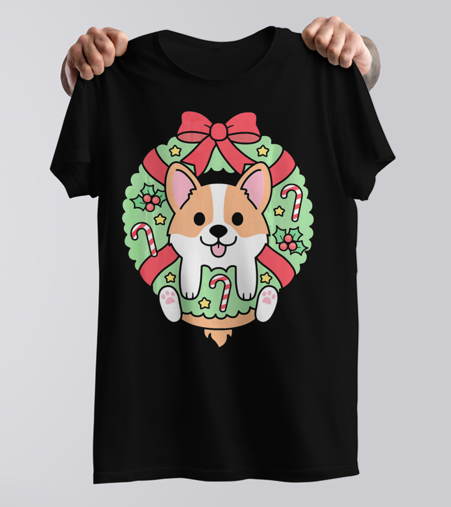 Cute Little Corgi In Christmas Wreath With Candy Canes And Bow T-Shirt