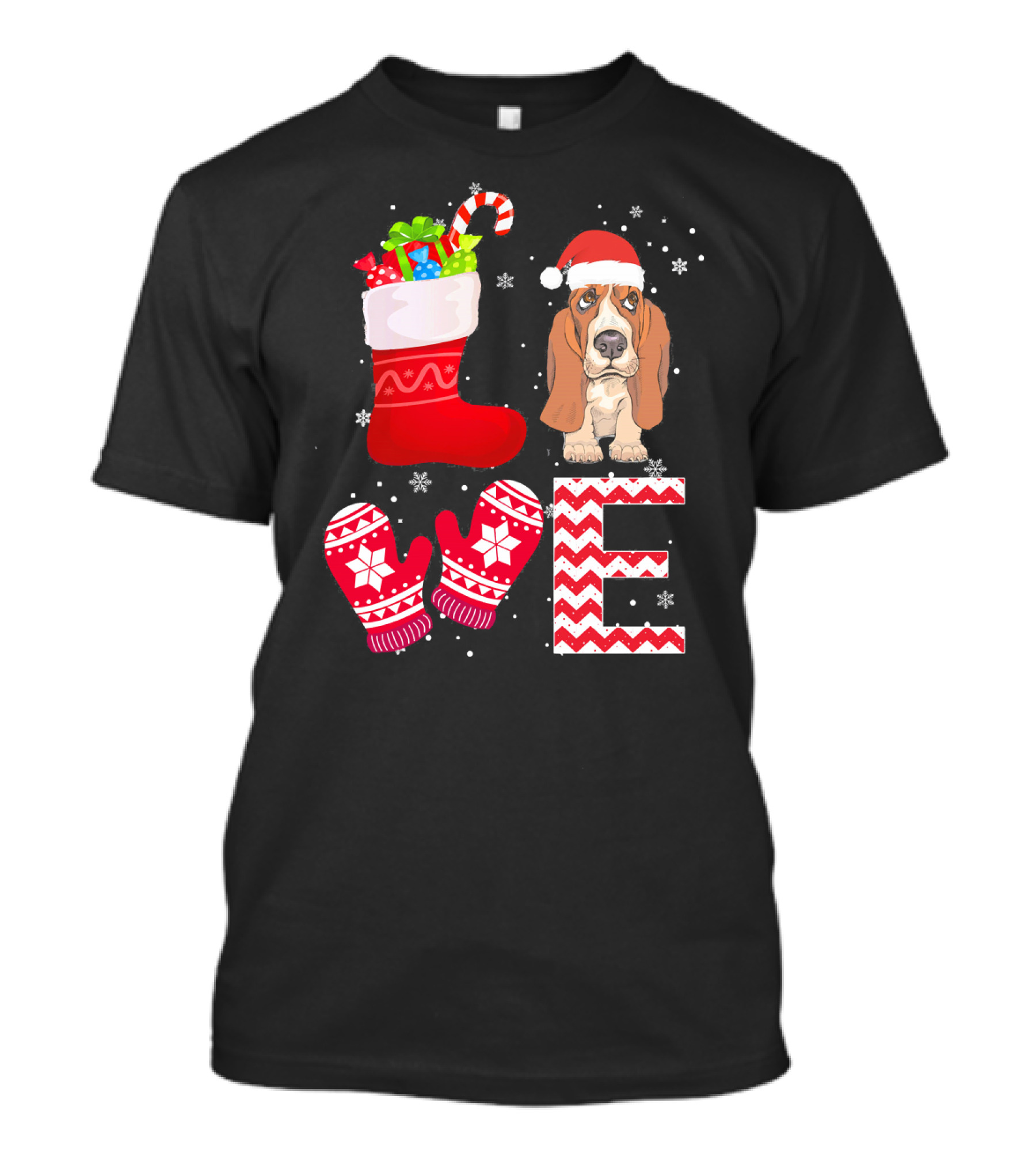 Christmas Basset Hound Lover Love Stocking Santa Hat Mittens T-Shirt