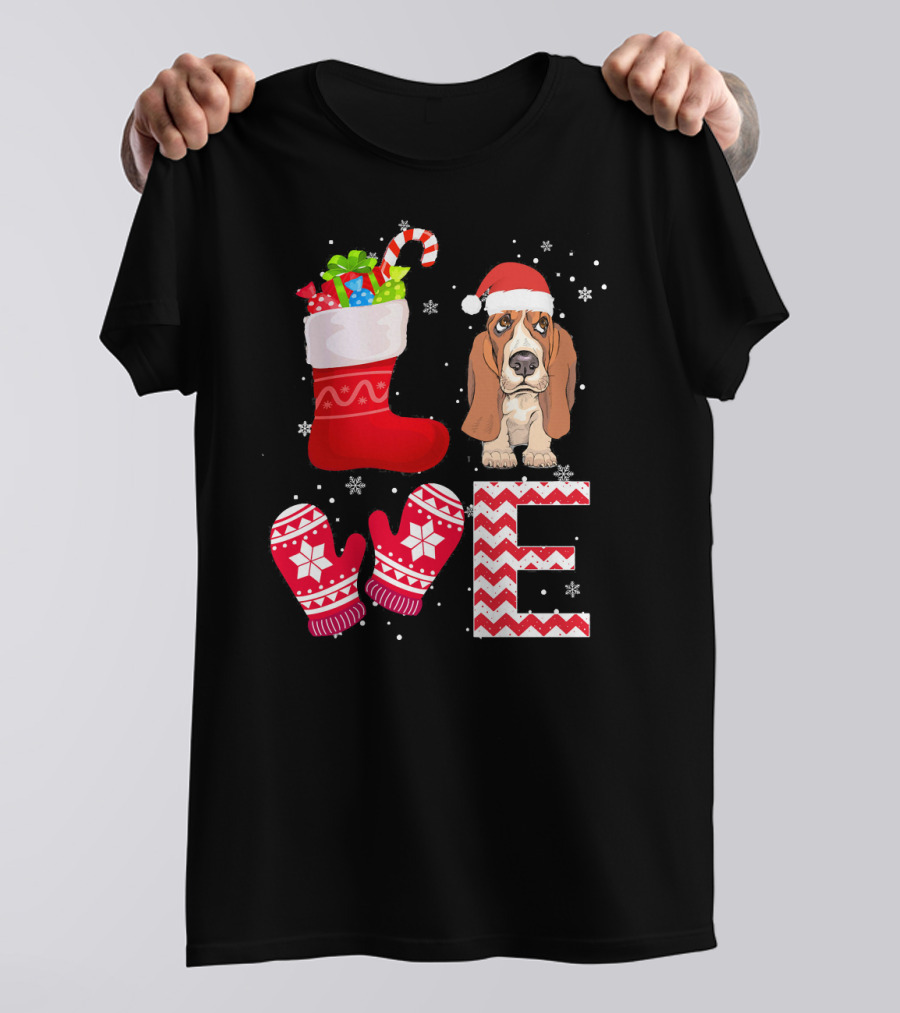 Christmas Basset Hound Lover Love Stocking Santa Hat Mittens T-Shirt