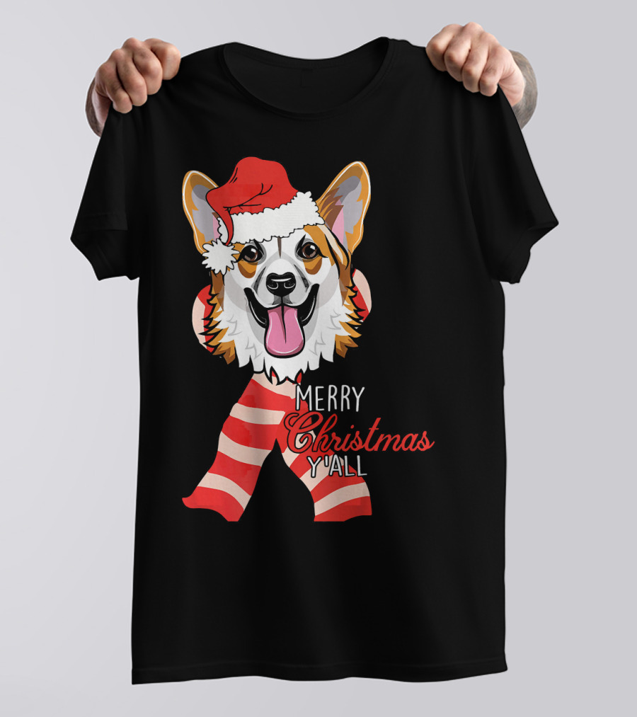 Corgi Dog Merry Christmas Y'all Santa Hat Striped Scarf T-Shirt