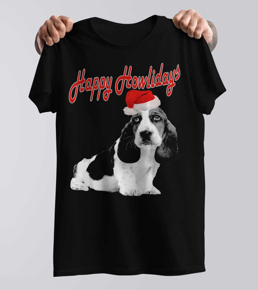 Happy Howlidays Cute Puppy Basset Hound Dog Santa Hat T-Shirt