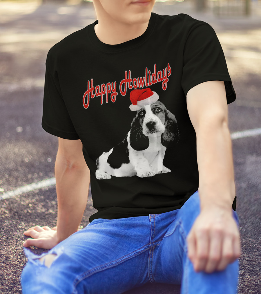 Happy Howlidays Cute Puppy Basset Hound Dog Santa Hat T-Shirt