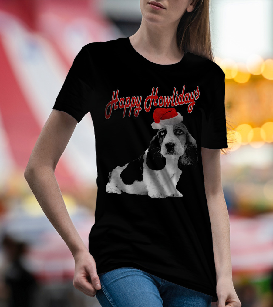 Happy Howlidays Cute Puppy Basset Hound Dog Santa Hat T-Shirt