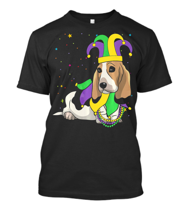 Basset Hound Jester Hat Mardi Gras Beads T-Shirt
