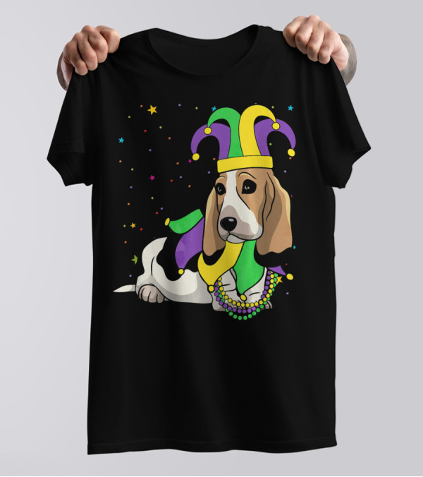 Basset Hound Jester Hat Mardi Gras Beads T-Shirt