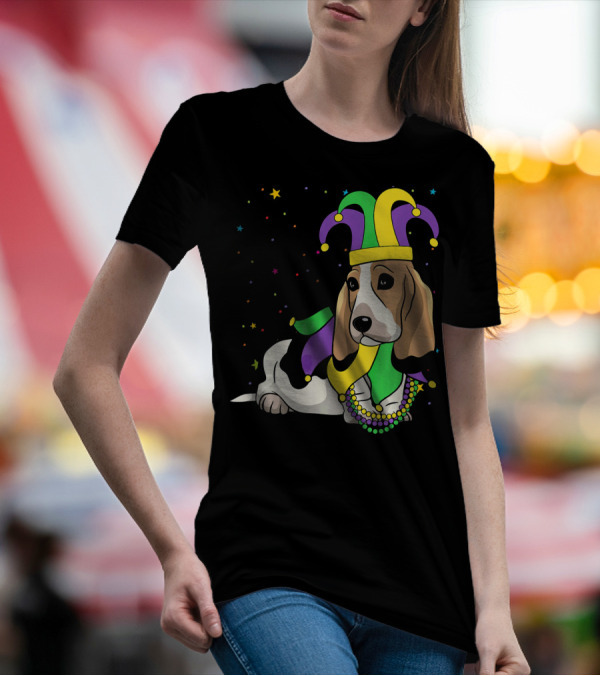 Basset Hound Jester Hat Mardi Gras Beads T-Shirt