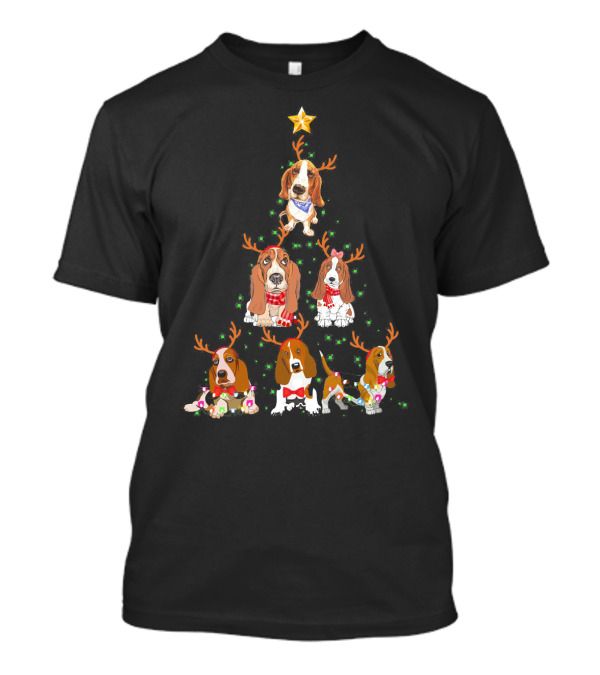 Basset Hound Christmas Tree With Santa Hat And Reindeer Ears T-Shirt