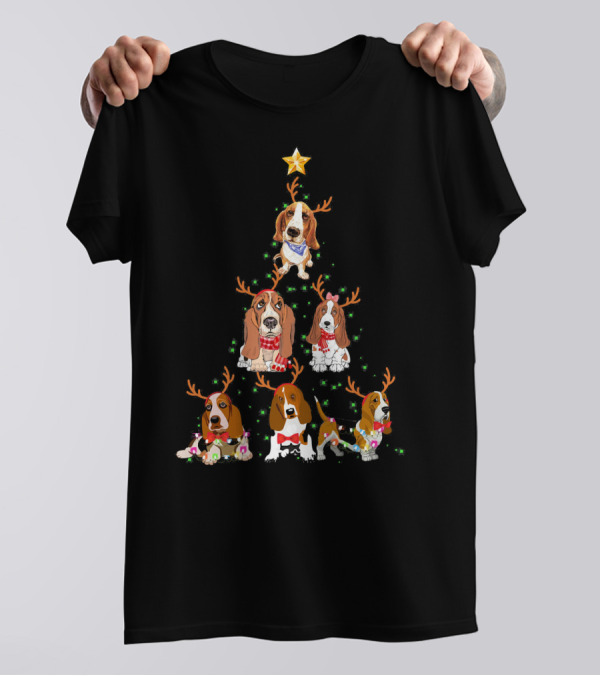 Basset Hound Christmas Tree With Santa Hat And Reindeer Ears T-Shirt
