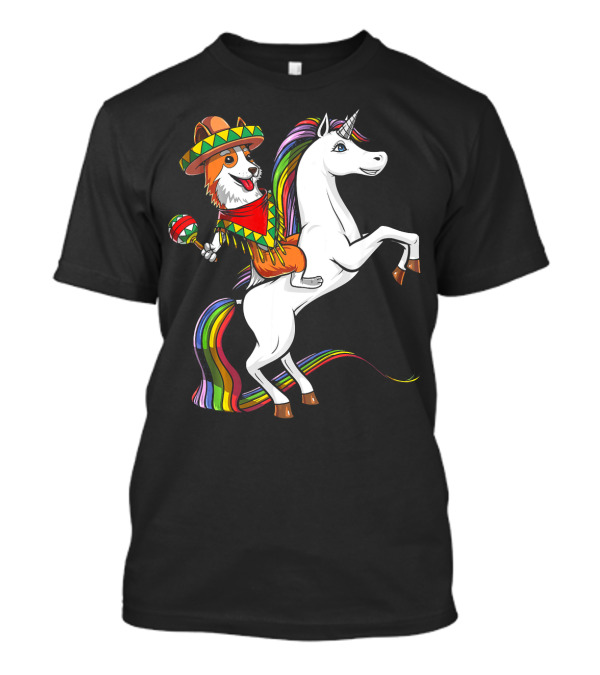 Corgi In Sombrero With Maraca On Rainbow Unicorn Cinco De Mayo Mexico T-Shirt