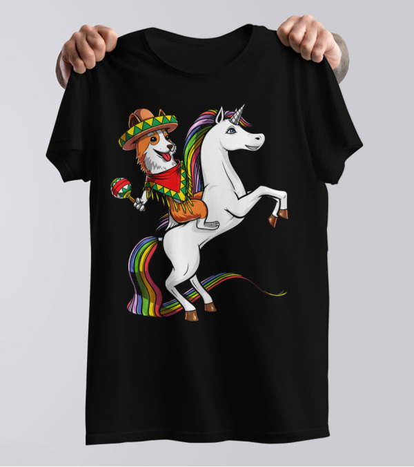 Corgi In Sombrero With Maraca On Rainbow Unicorn Cinco De Mayo Mexico T-Shirt