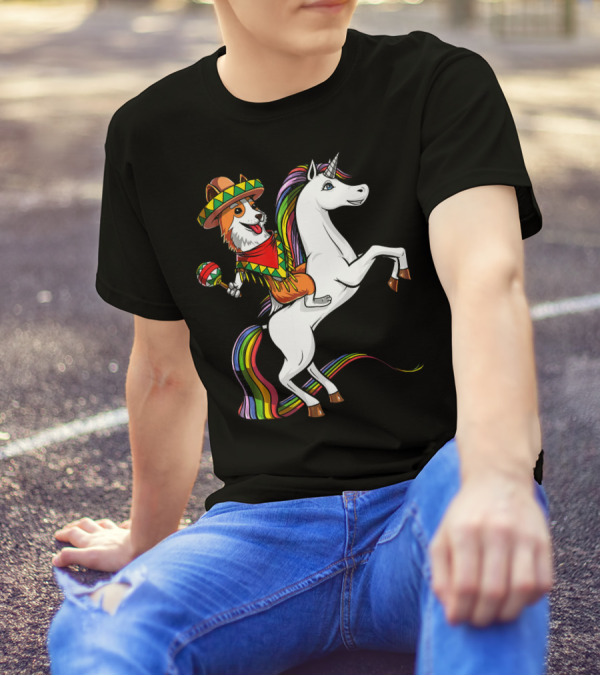 Corgi In Sombrero With Maraca On Rainbow Unicorn Cinco De Mayo Mexico T-Shirt