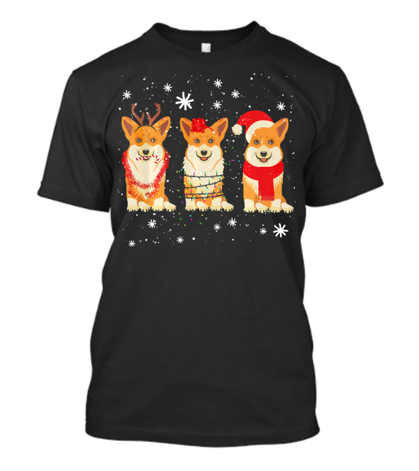 Christmas Three Cute Corgi Antlers Lights Santa Hat T-Shirt