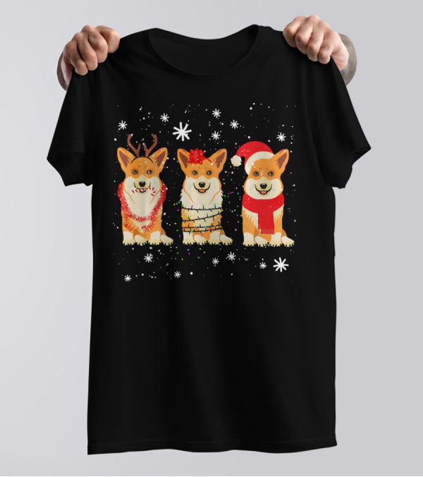 Christmas Three Cute Corgi Antlers Lights Santa Hat T-Shirt